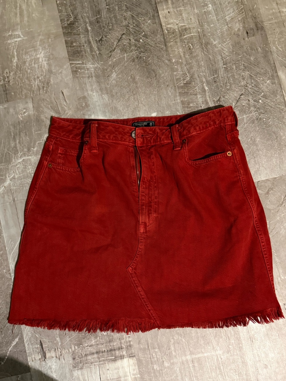 Abercrombie & Fitch Red Frayed Hem Denim Mini Skirt